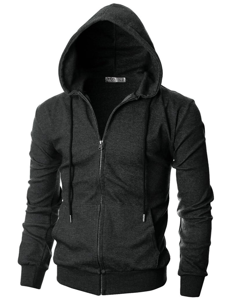 Ohoo Men's Zip Up Hoodie Lightweight Slim Fit Sweatshirt Full Zip Hooded Jacket Concealed Zipper / DCF136-CHARCOAL-M - Image 1